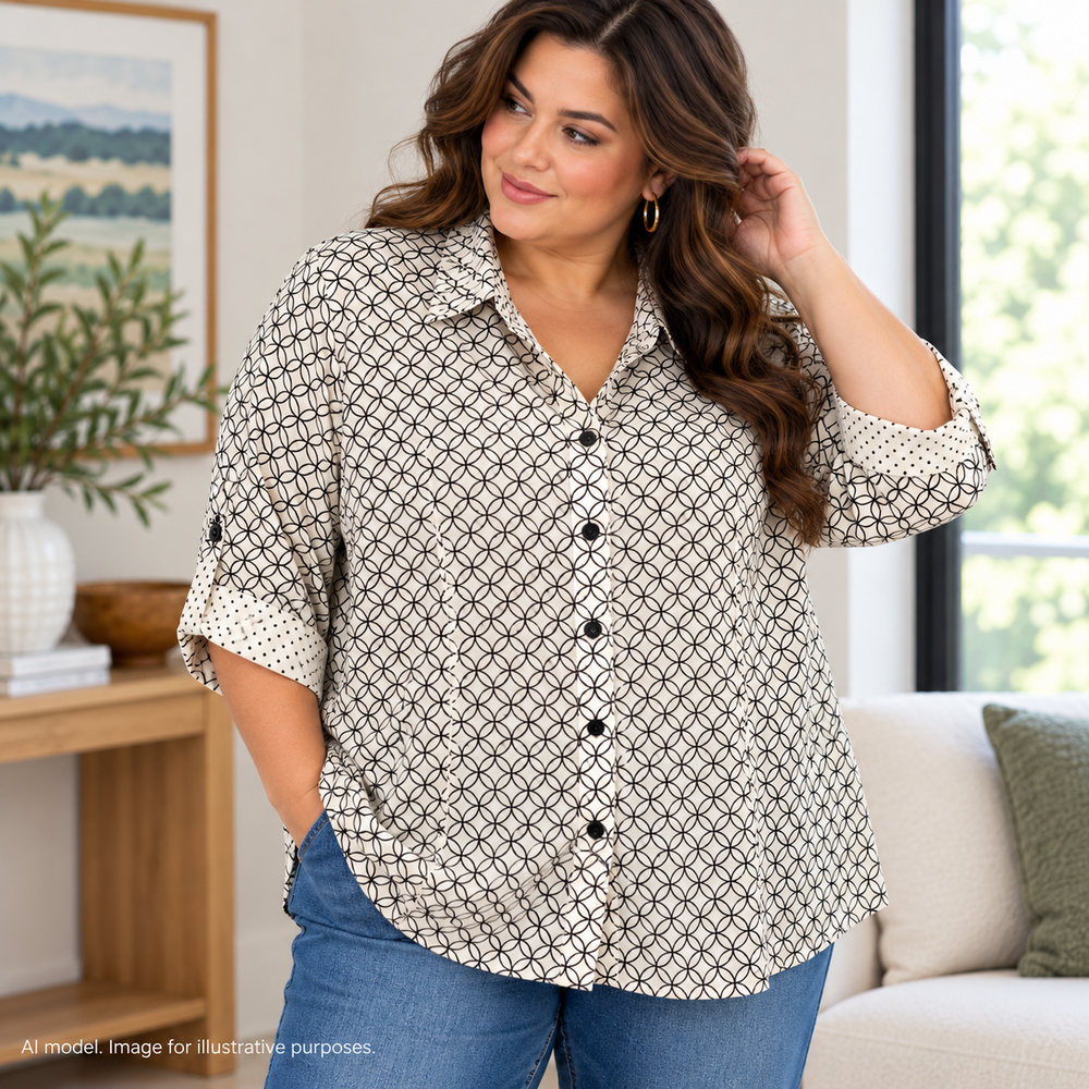 Catherines Shirt Womens 3X 26W 28W White Black Circle Flip Cuff Cotton Stretch